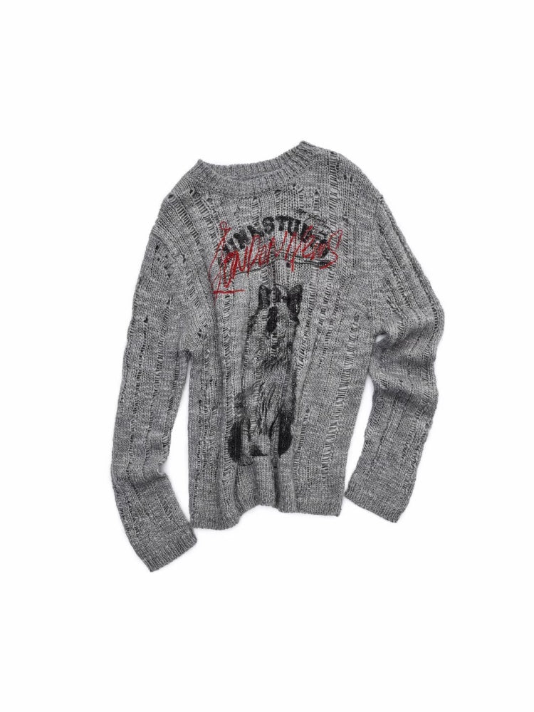 Icelandic Furry Animal Print Cut-Out Sweater Lazy Crew Neck Loose Knit Top【s0000014566】