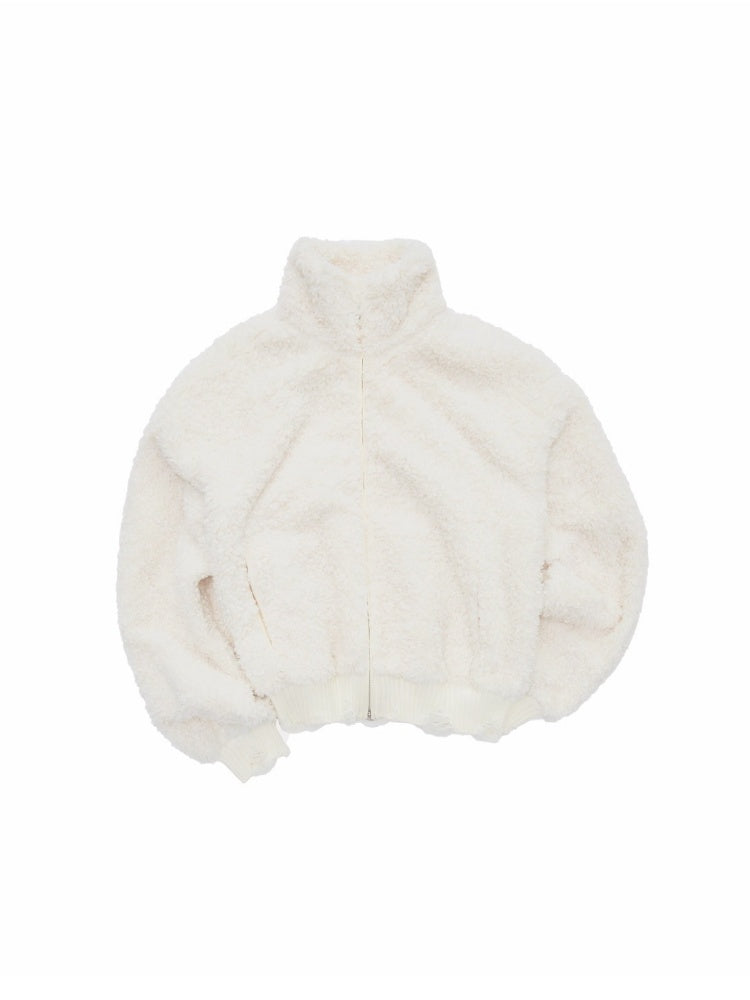 Solid Color Stand Collar Lamb Wool Ripped Threaded Slim Warm Short Jacket【s0000014567】