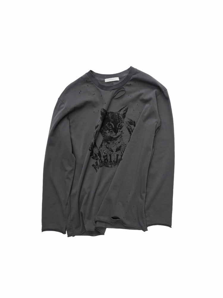 American Vintage Cat Print Washed Hole T-Shirt Loose Slightly Dropped Shoulder Long Sleeve Top【s0000014570】