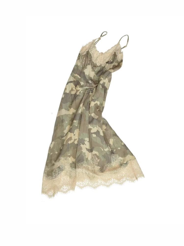 Camouflage Print Lace Stitched V-Neck Mid Length Mesh Spice Girl Sundress【s0000014576】