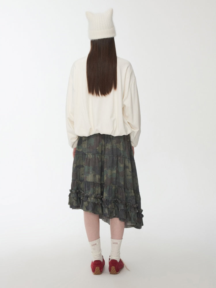 Camouflage Raw Edge Irregular Shirring Midi Length Oversized Cake Skirt【s0000014577】