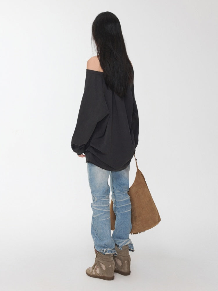 Knight Horse Print Hot Diamond Strap Loose Sweatshirt Slanted Shoulder Asymmetrical Long Sleeve Top【s0000014580】