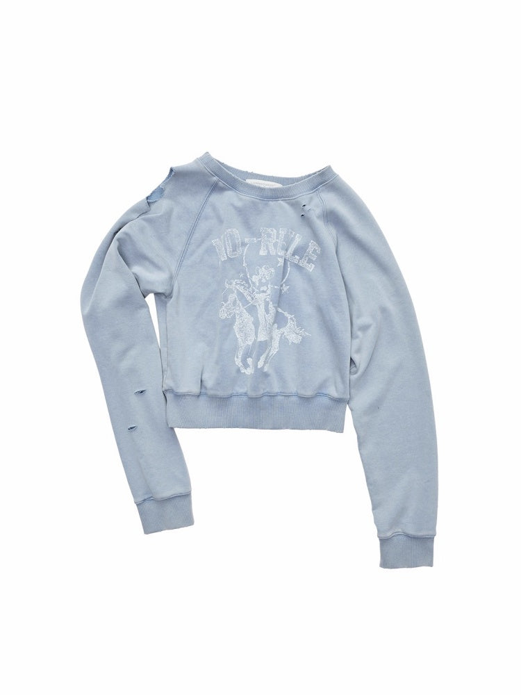 Knight Cat Print Washed Hole Sweatshirt Short Off-The-Shoulder Slimming Top【s0000014581】