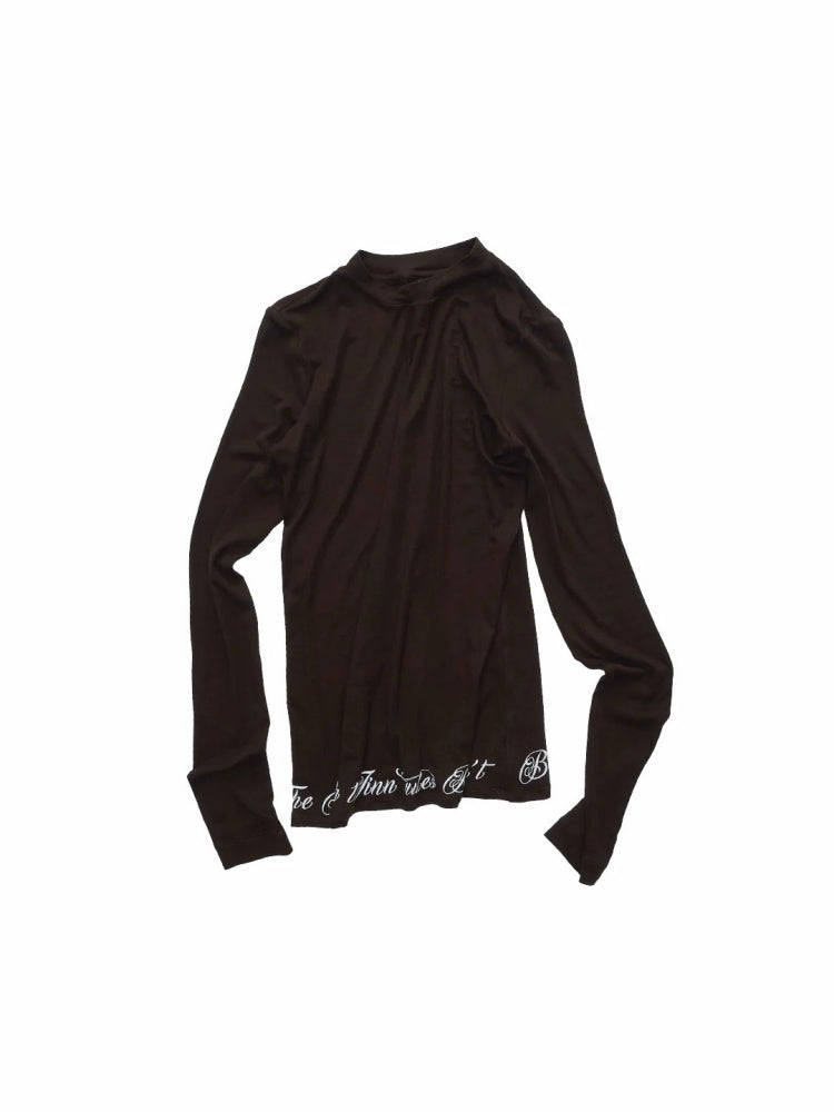 Basic Solid Color Crew Neck Micro Sheer Long Sleeve T-Shirt Hem Monogram Print Base Top【s0000014583】