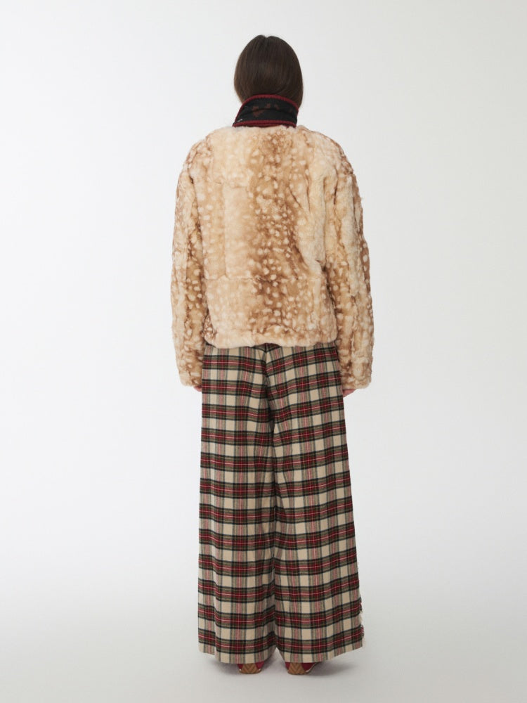 Vintage Fawn Print Otter Fur-Free Straw Horn Buckle Design Loose Plush Jacket【s0000014589】