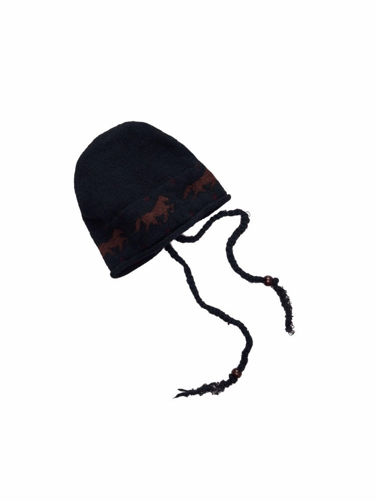 Fair Island Pony Jacquard Knit Pile Hat Female Adjustable Drawstring Cold Hat Shows Small Face【s0000014590】