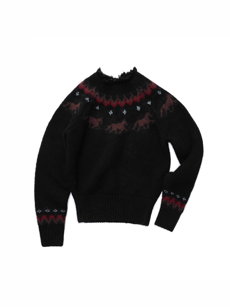 Fair Isle Pony Raglan Sleeve Knit Loose Neckline Raw Edge Design Sweater【s0000014597】