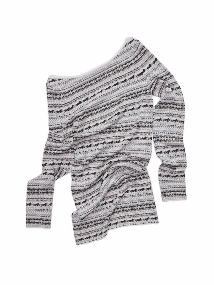 Fair Isle Fine Woven Jacquard Slanted Shoulder Neckline Dress Slim Waist Hip Skirt【s0000014600】