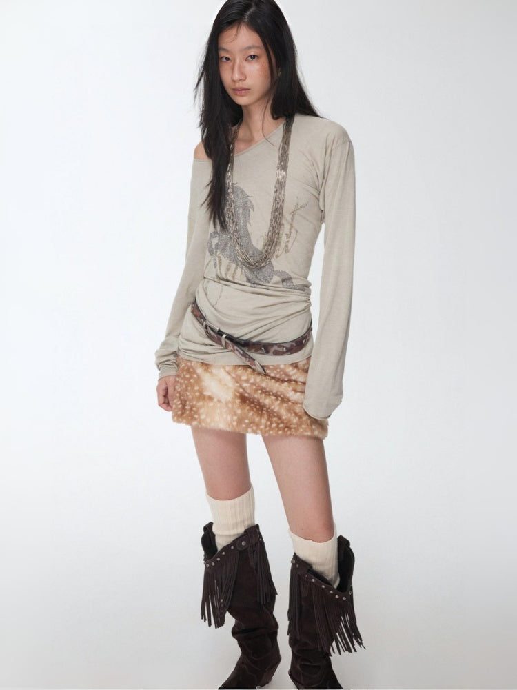 Retro Fawn Pattern Eco-Friendly Fur Suede Slimming Hip-Hugging Low-Waisted Skirt【s0000014603】