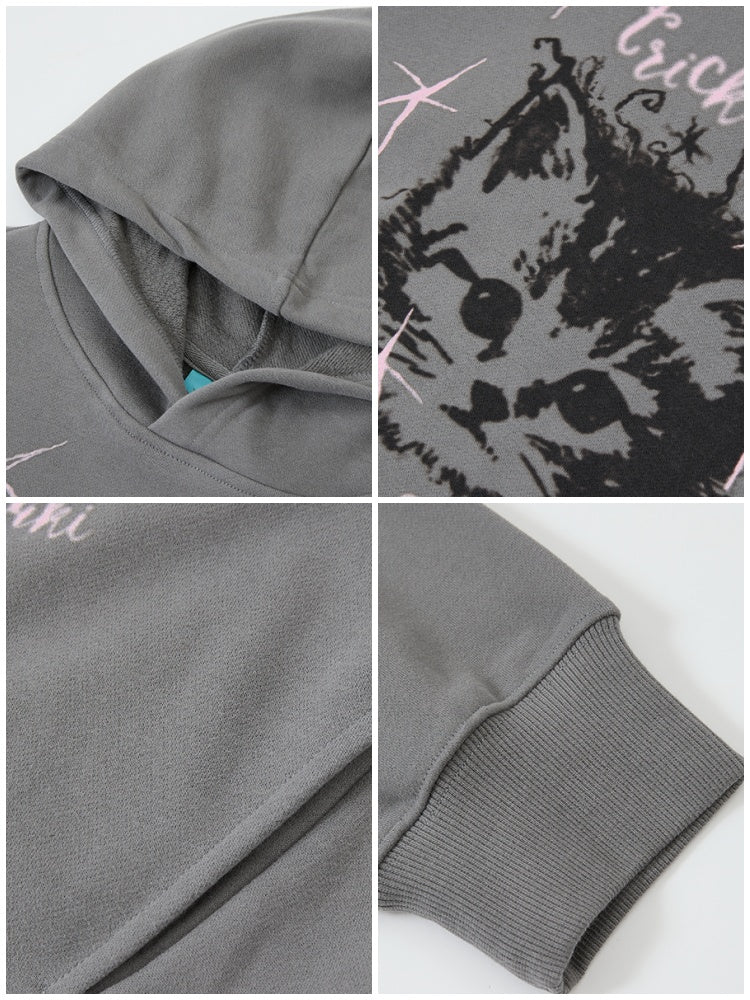 "Starburst Rebel" Kitten Print Hooded Loose Sweatshirt【s0000014735】