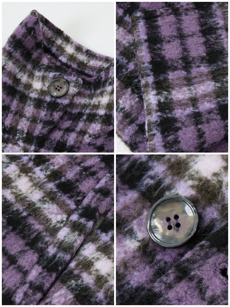 "Star Skeleton Velvet Song" Stand-Up Collar Plaid Long Woolen Coat Jacket【s0000014741】