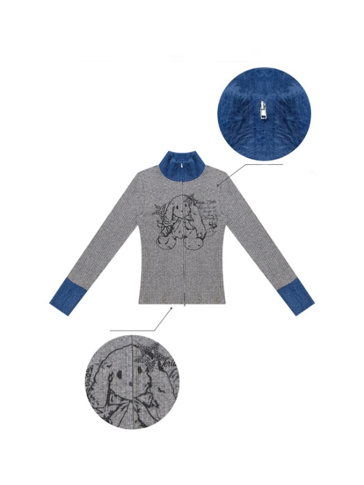 American Stitch Work Fur Collar Zipper Rabbit Print Turtle Neck Inner Top Knitted Base Shirt【s0000014755】