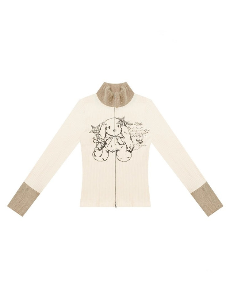 American Stitch Work Fur Collar Zipper Rabbit Print Turtle Neck Inner Top Knitted Base Shirt【s0000014755】