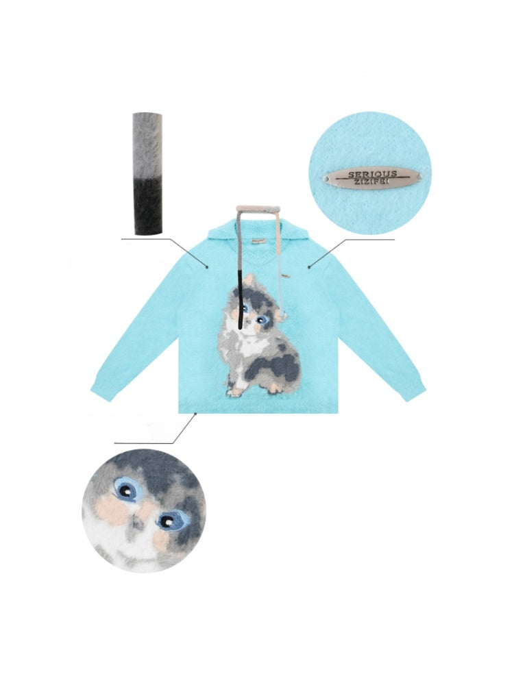 American Design Sense Polo V-Neck Cat Print Lazy Wind Soft Glutinous Sweater【s0000014763】