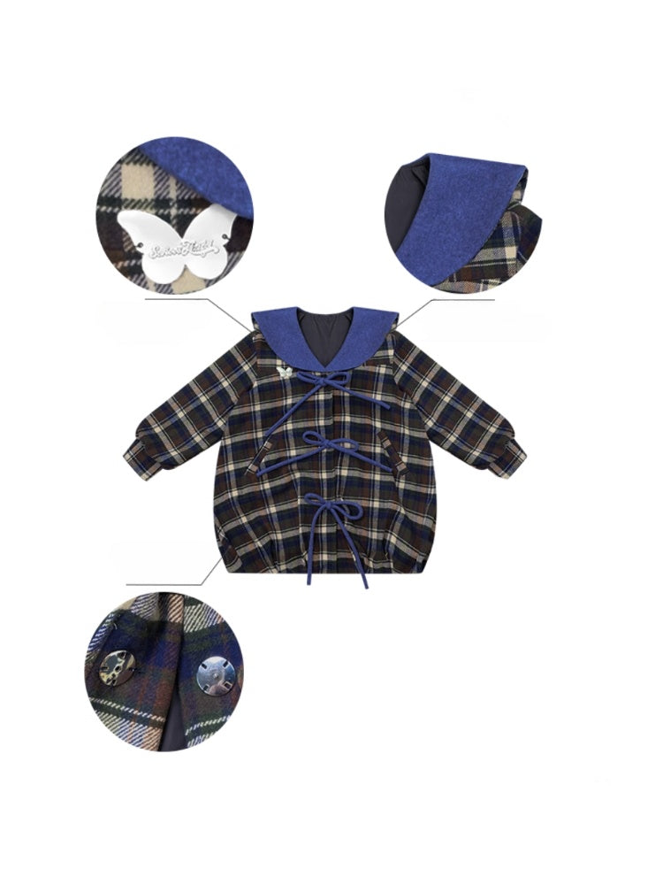 Doll Lapel Pocket Hem Mid-Length Plaid Woolen Coat Jacket【s0000014767】