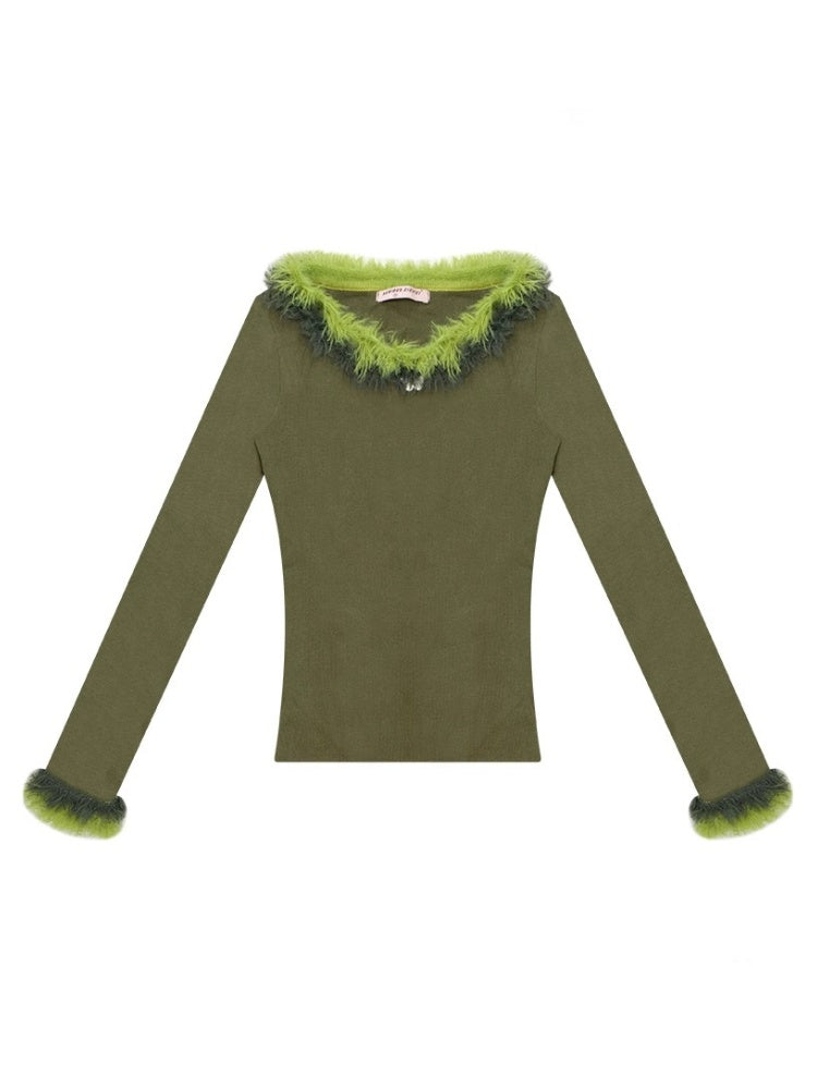 American Retro Design Sense Large Crew Neck Fur Collar Slim Knitted Sweater【s0000014769】