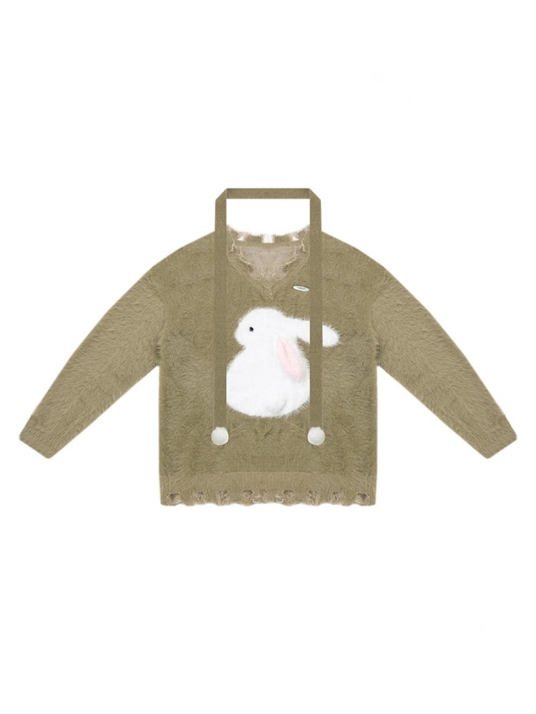 American Retro Design Sense Lazy Wind Soft Waxy Plush Rabbit Broken Edge V-Neck Sweater【s0000014772】