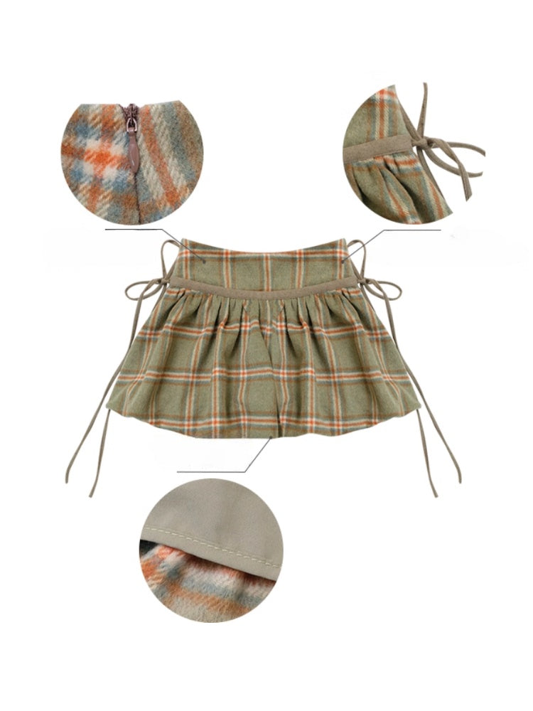 American Retro High Waist Slimming Plaid Woolen Tie Pocket Short Skirt【s0000014774】