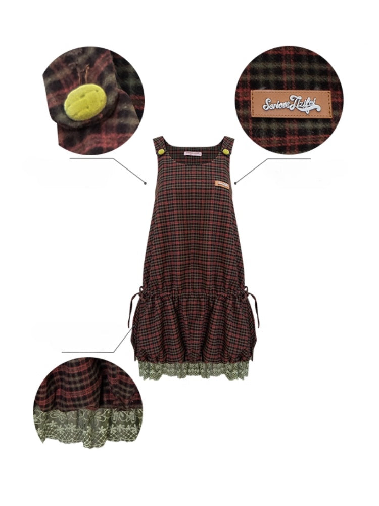 American Retro Design Plaid Lace Hem Vest Dress【s0000014776】