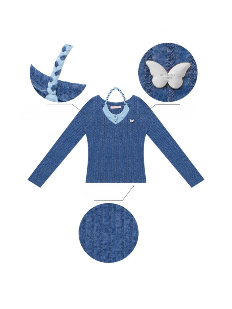 American Design Sense Slimming Top Twist Halter Neck Long Sleeve T-Shirt Knitted Base Shirt【s0000014780】