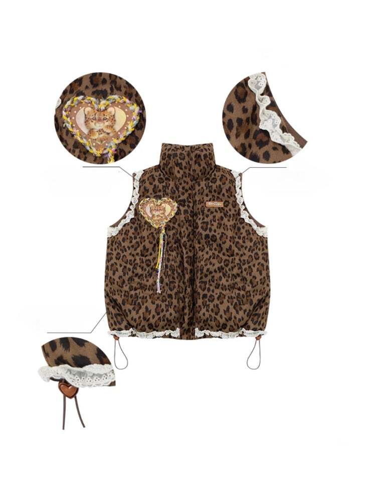 American Design Sense Thickened Leopard Print Lace Cotton Vest Jacket【s0000014785】