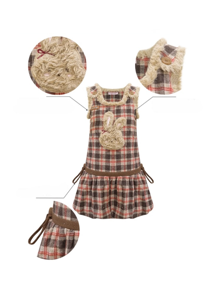 American Design Reddish Plaid Plush Rabbit Pocket Hem Vest Dress【s0000014787】