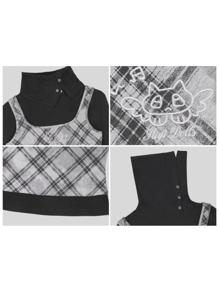High-End Sense Of Gentle Retro Plaid Small Fragrance Style Turtle Neck Fake Two-Piece T-Shirt【s0000014798】