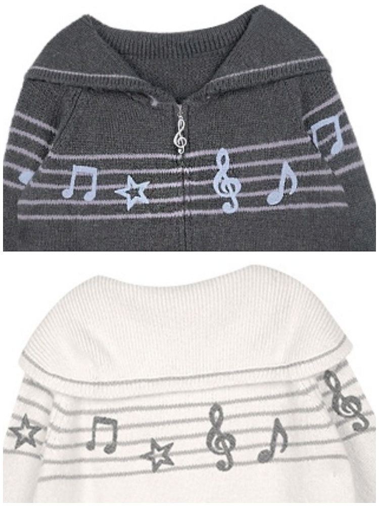 Sweet Cool Lapel Sheet Music Print Sweater Jacket Warm Knitwear【s0000014805】