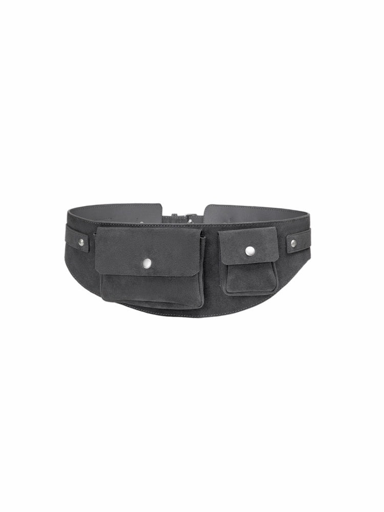 Vintage Suede Metal Buckle Waist Closure Multi-Pocket Workwear Style Wide Belt Bag【s0000014953】