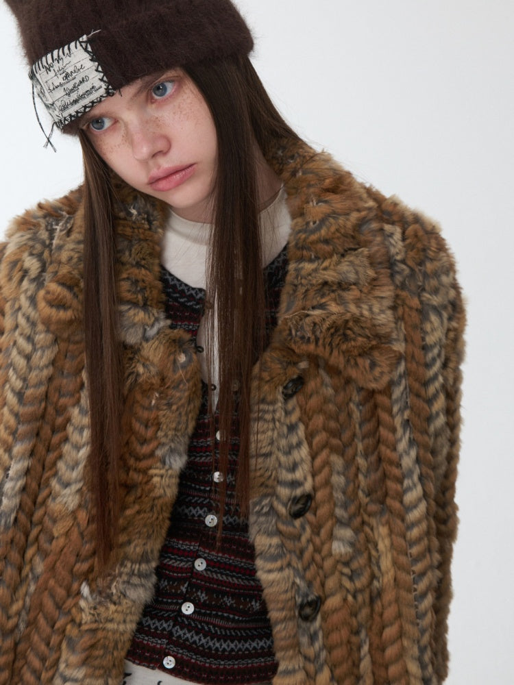 Maillard Grass Yellow Rabbit Fur Contrast Braided Fur Mid-Length Lazy Shirt Type Jacket【s0000014957】