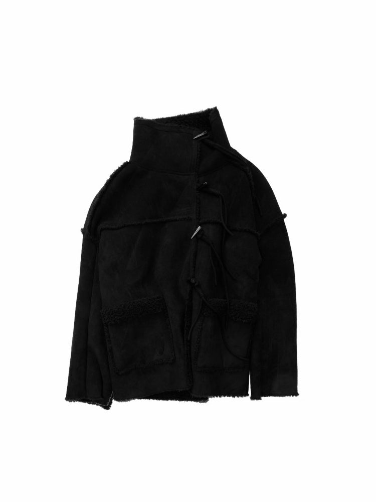 Horn Buckle Stand-Up Collar Fur Integrated Lambs Wool Reversible Suede Jacket【s0000014958】