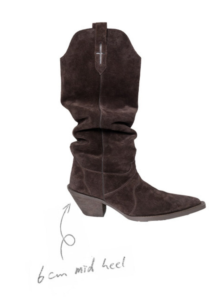 V-Mouth Pointed Toe Suede Cowhide Western Rivet Tassel Mid-Leg Knight Boots【s0000014961】