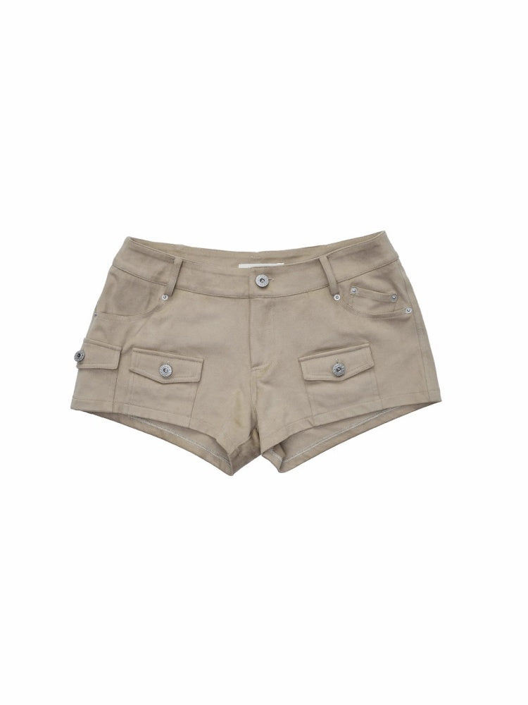 Vintage Suede Cargo Pocket Rivet Shorts Low Waist Hip Tight Hot Pants【s0000014966】