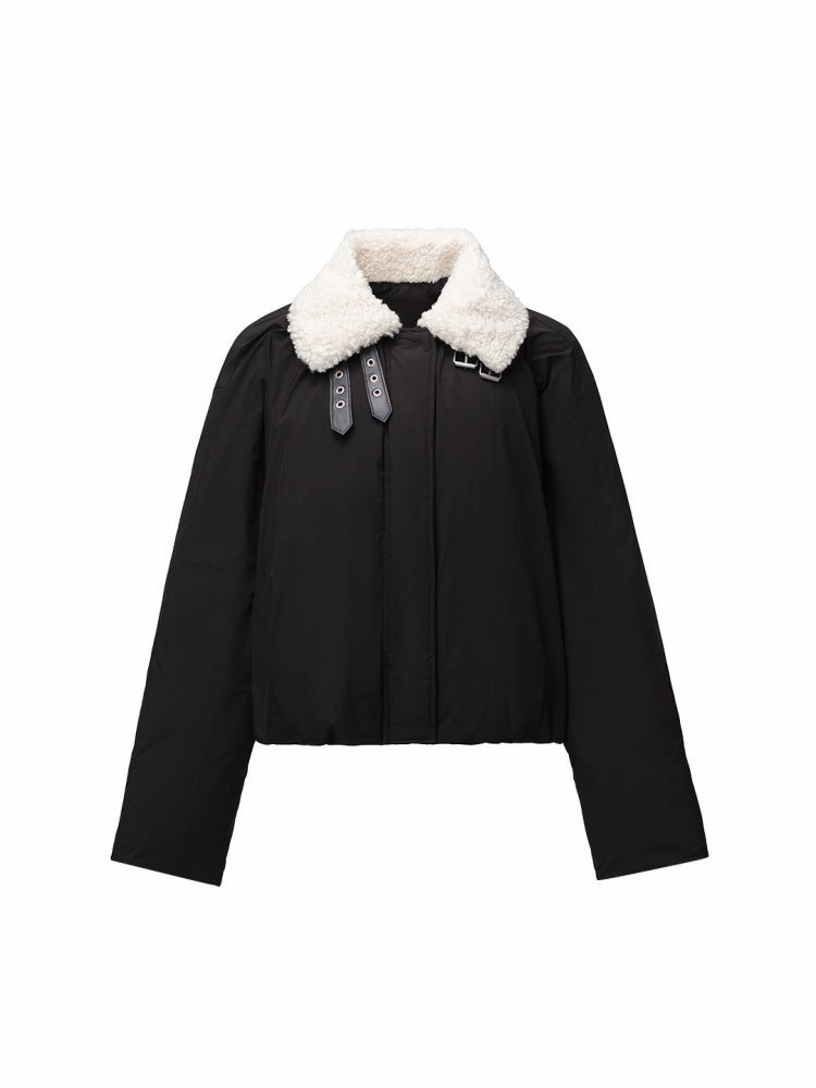 Lambs Wool Stand-Up Collar Belt Pleated Cotton Flower Bud Design Down Jacket【s0000014969】