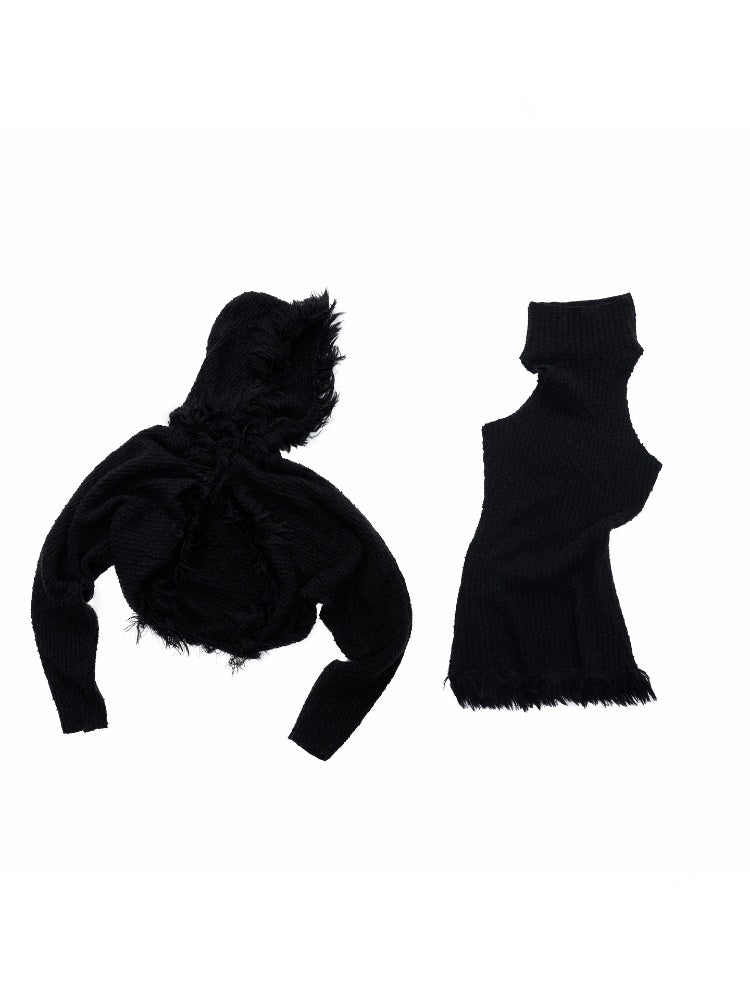 Imitation Mink Tassel Knit Vest Hooded Horn Buckle Loose Lazy Shoulder Set【s0000014971】