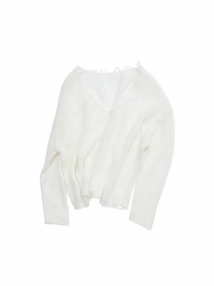 Mohair Star Cut-Out V-Neck Knit Sweater Lazy Slightly Sheer Loose Top【s0000014975】