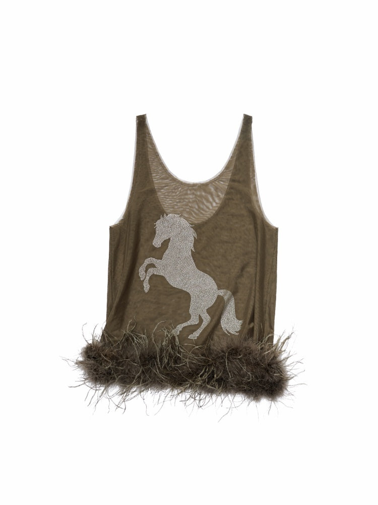 Ostrich Feather Hem See-Through Mesh Base Vest Permed Diamond Large U-Neck Design Top【s0000014976】
