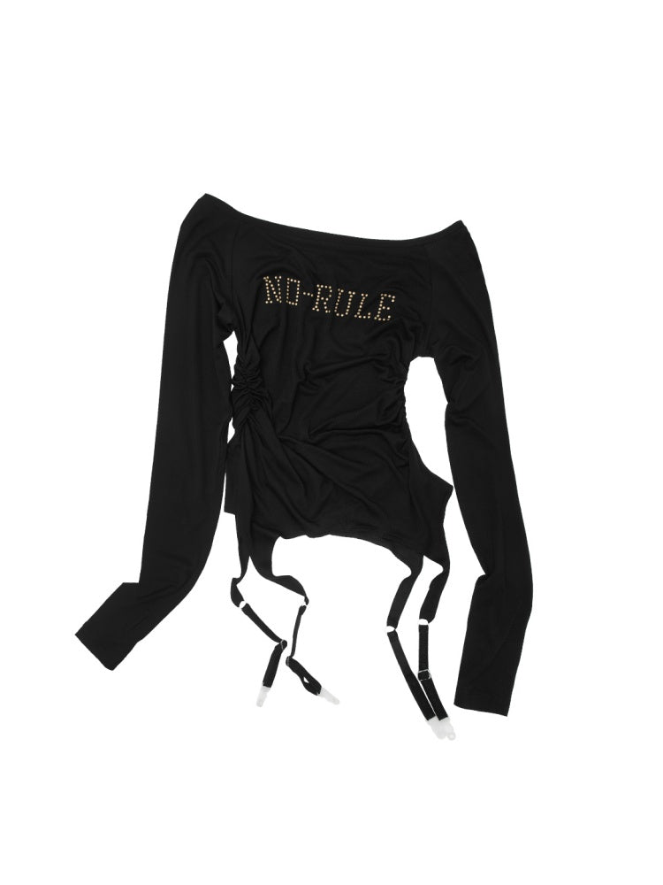 Rhinestone Garter With Boat Neck Wrinkled Knitted Base Layer Slim Down Lazy Top【s0000014979】