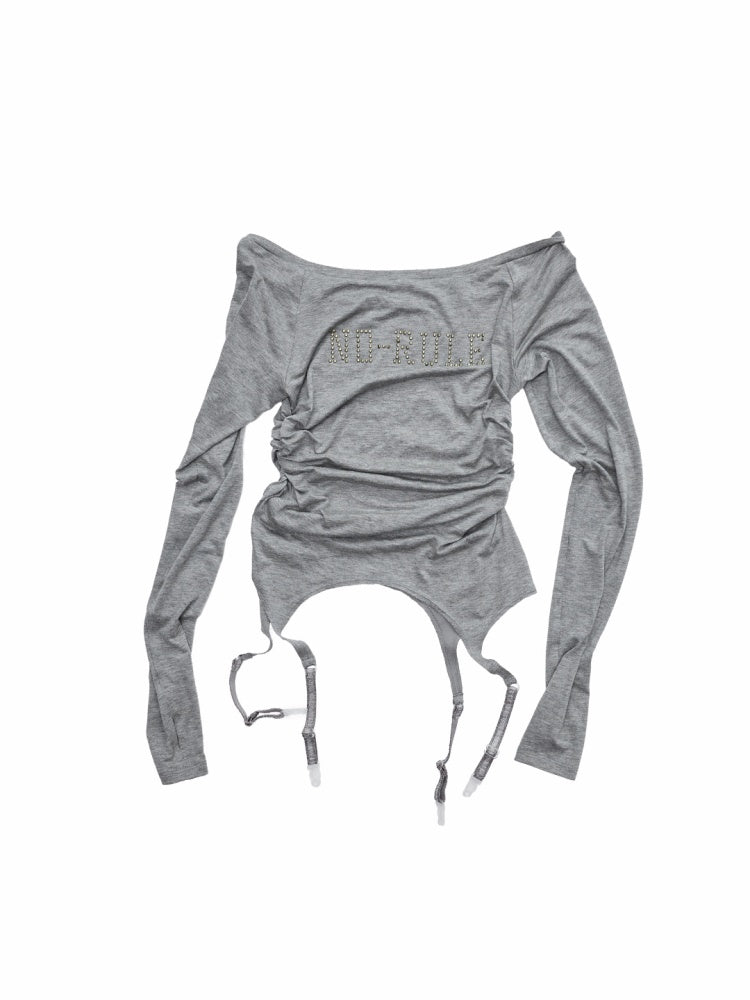 Rhinestone Garter With Boat Neck Wrinkled Knitted Base Layer Slim Down Lazy Top【s0000014979】