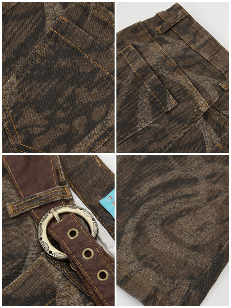 Low-Waisted Micro-Elastic Full Printed Flared Jeans【s0000014991】