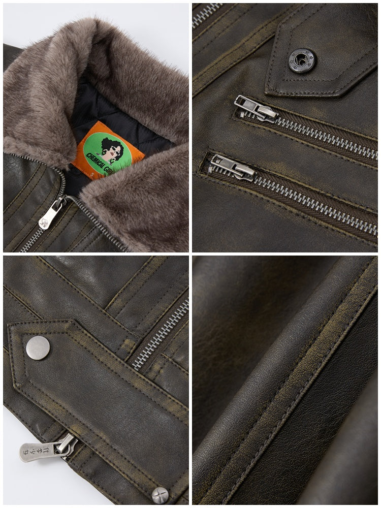 Old Retro Fur Collar Leather Jacket【s0000014997】