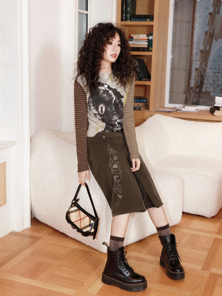 Retro Wool Knitted With A Priming Print Long-Sleeved T-Shirt【s0000015002】