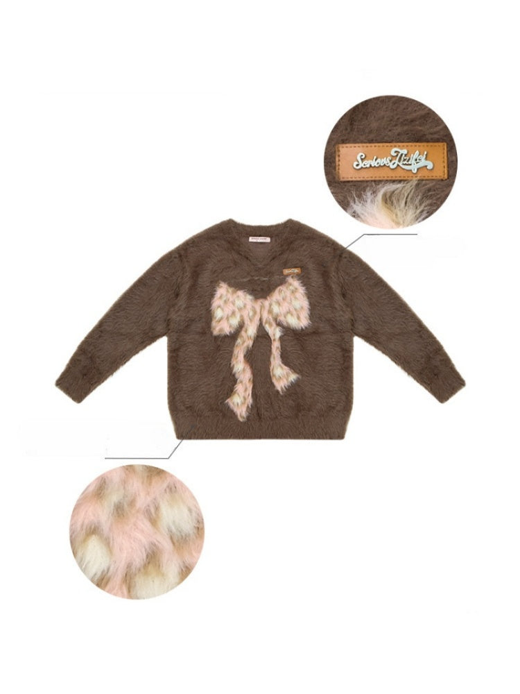 Leopard Print Bow Pattern Plush Soft Waxy V-Neck Sweater【s0000015238】