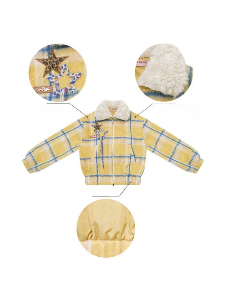 Plaid Fur Collar Thickened Star Pattern Woolen Jacket【s0000015239】