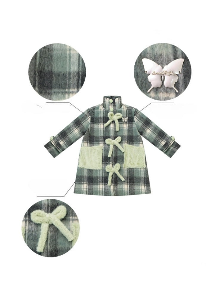 Plaid Design Sense Mid-Length Bow Woolen Coat Jacket【s0000015240】