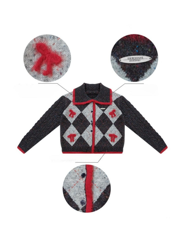 College Sense Bow Contrasting Color Doll Collar Sweater Cardigan Jacket【s0000015241】