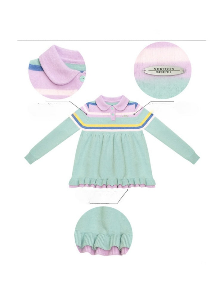 Doll Collar Contrast Striped Lace Hem Lazy Sweater【s0000015269】