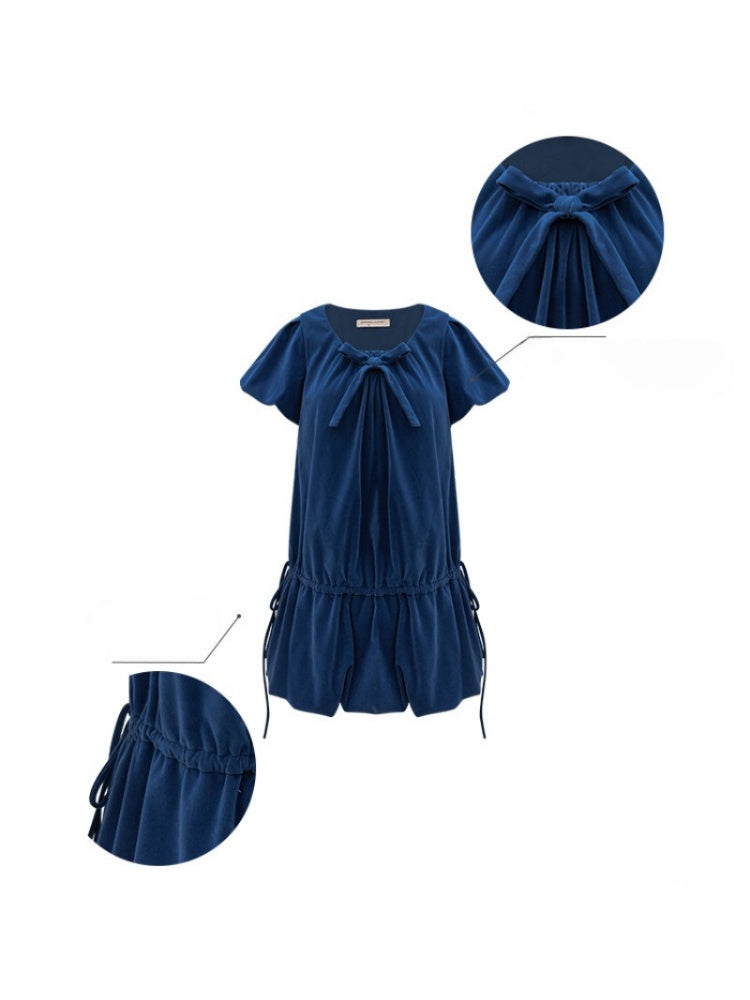 Bow Short Sleeve Pocket Hem Velvet Layered Dress【s0000015272】