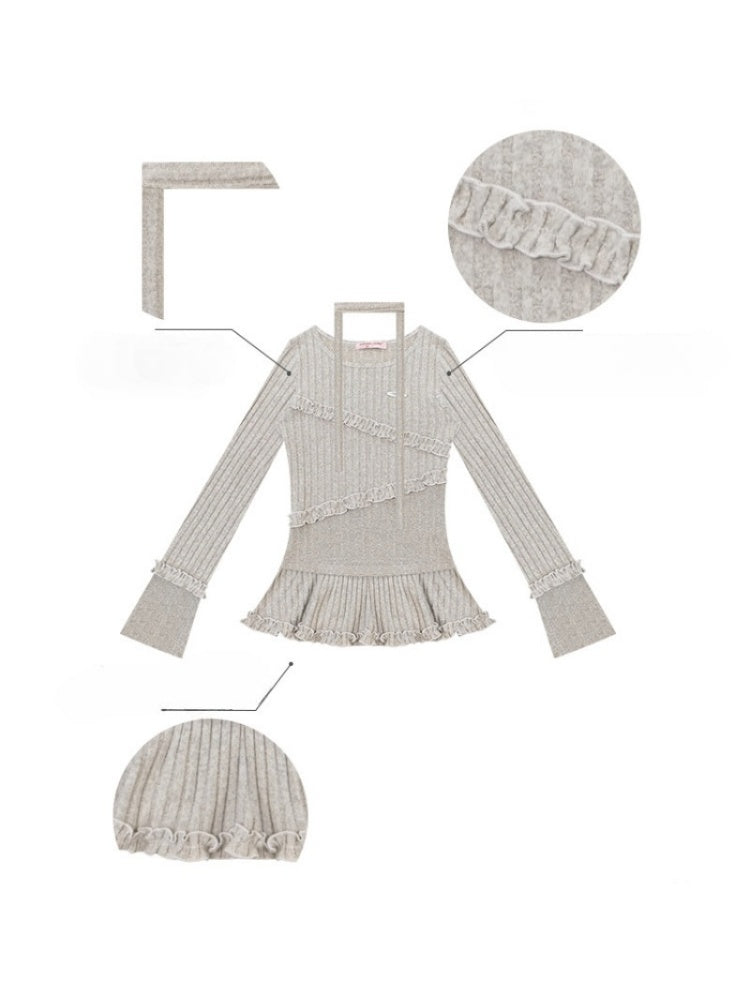IrregularFungus Lace Hem Top Long Sleeve T-Shirt Knitted Base Shirt【s0000015278】