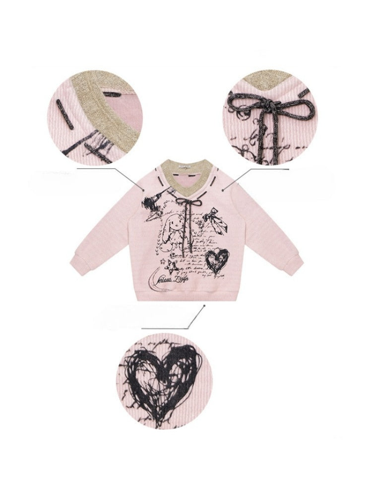 ''Velvet Rabbit Ink Mark Broken Pen''Rabbit Print V-Neck Belt Loose Lazy Style Sweater【s0000015285】
